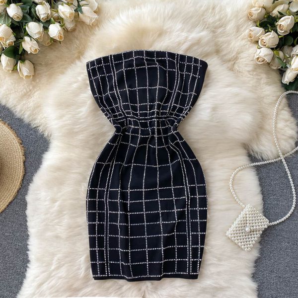 

summer slash neck strapless bodycon dress elegant diamonds decor party mini vestidos club high waist robe female 2021 new, Black;gray