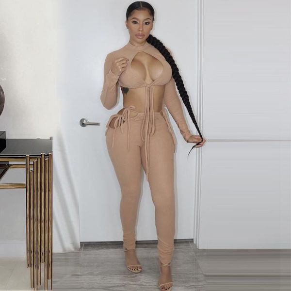 

women's two piece pants bandage club outfit 2 pieces sets women long sleeve turtleneck cut out crop and skinny, White