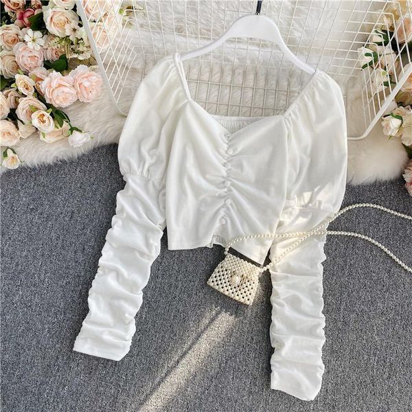 

women's blouses & shirts women retro blouse v-neck open back puff sleeve pleated long-sleeved high-waist short velvet female blusa gx10, White