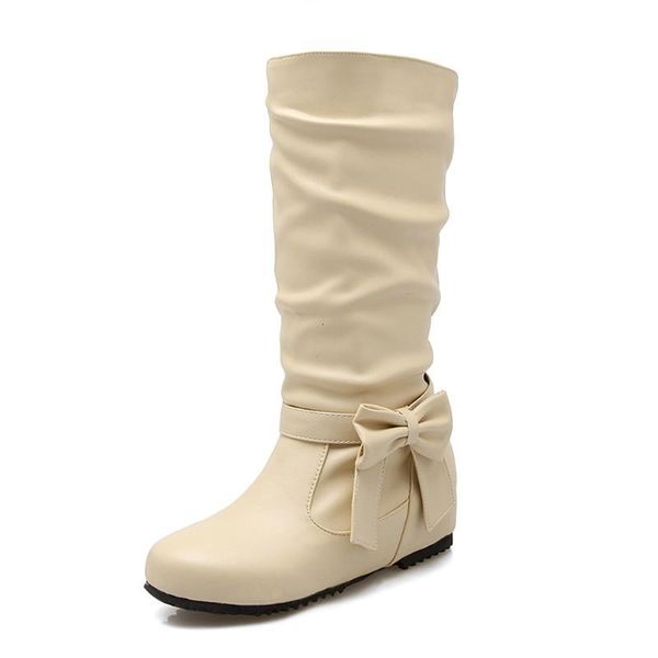 

bonjomarisa the big size 48 female solid silp toe mid calf boots women butterfly-knot short plush winter shoes woman 7ccs, Black