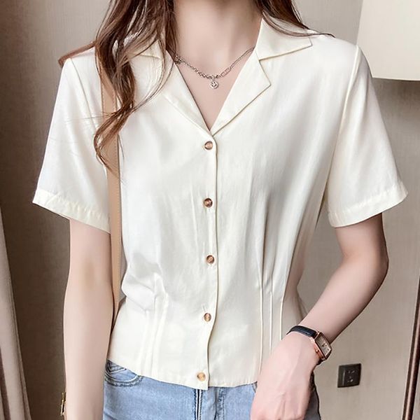 

women's blouses & shirts short slim button chiffon blouse turn-down collar shirt women 2021 summer korean style woman clothes chemisie, White