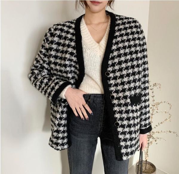 

women's jackets houndstooth woolen patchwork jacket cotton liner long-sleeved v-neck korean retro elegant plaid coat warm 2021 winter c, Black;brown
