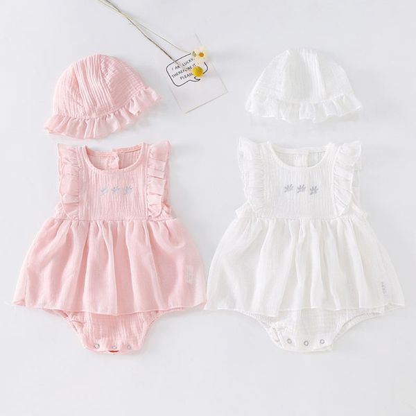 Yaz Bebek Kız Tulum Giysileri Bodysuits Dantel Kollu Prenses + Kap Bebek Bodysuit 210429