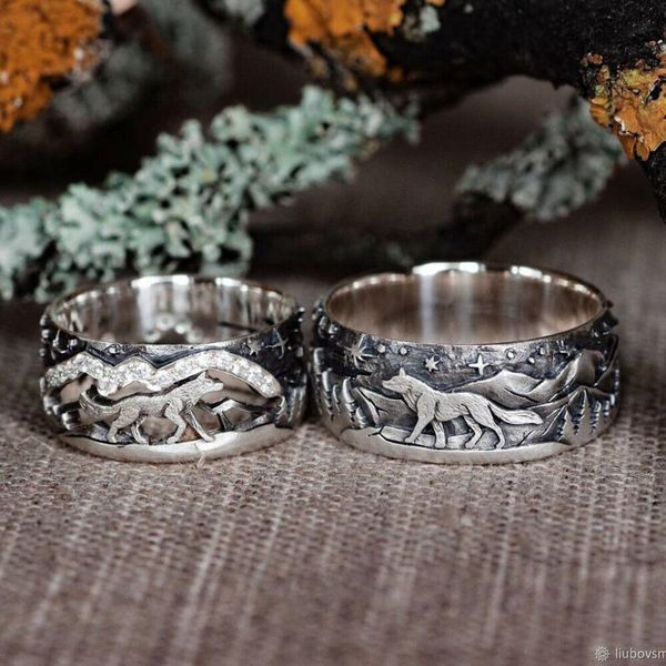 

cluster rings vintage men women lover's wolf forest carving ring silver color punk gothic casual party jewelry birthday gift, Golden;silver