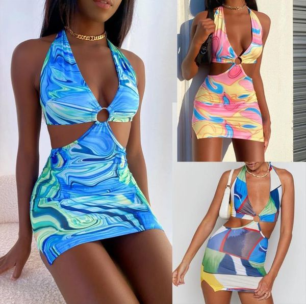 

summer geometric pattern print women tracksuits v neck sleeveless halterneck sundress dress for clubwear outfits set, Gray