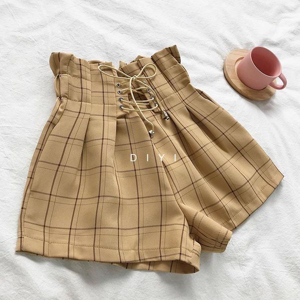 

women's shorts 2021 korean fashion summer high waist vintage bandage loose wide leg casual temperament commtue plaid short pants, White;black