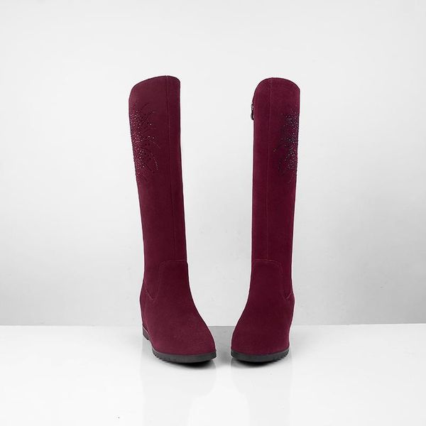 

boots original intention mid-calf high woman flock black wine red round toe flats wedges sequins winter warm shoes yrn7
