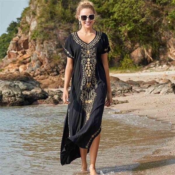 Oversize Black Bordado V-pescoço de manga curta verão vestido de praia plus tamanho túnica mulheres beachwear batwing manga longa vestido n790 210331
