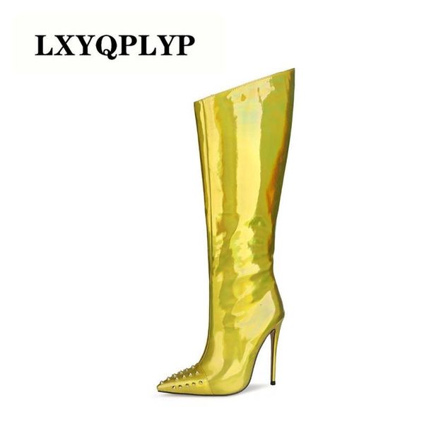 

boots fashion women's shoes pointed toe stilettos heels zipper elegant ladies gold silver rivets knee high women, Black