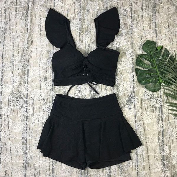 

women's swimwear pure color split body swimsuit women show thin cover belly skirt flat angle small fresh lovely student spring bathing, White;black