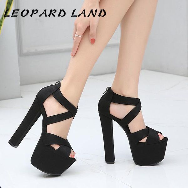 

17cm stage catwalk shoes super high heel coarse sandals zipper black heels female summer zyw