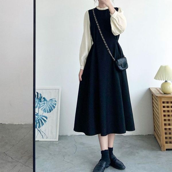 

casual dresses long-sleeved fake two-piece dress autumn and winter women's style hong kong retro french hepburn thin skirt, Black;gray