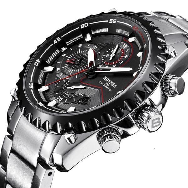 

boyzhe ware leer fijne stalen heren horloge mode multifunctionele waterdichte mannen automatische mechanische horloges merk tafel, Slivery;brown
