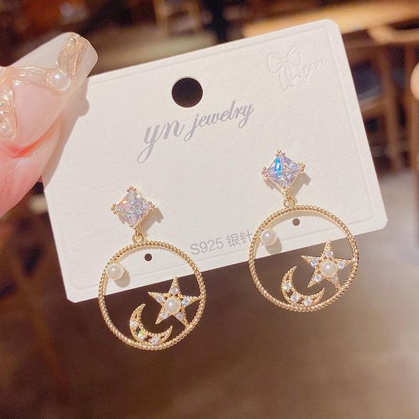 

stud light luxury 14k real gold s925 silver needle star and moon simple design earrings for women cubic zircon zc, Golden;silver