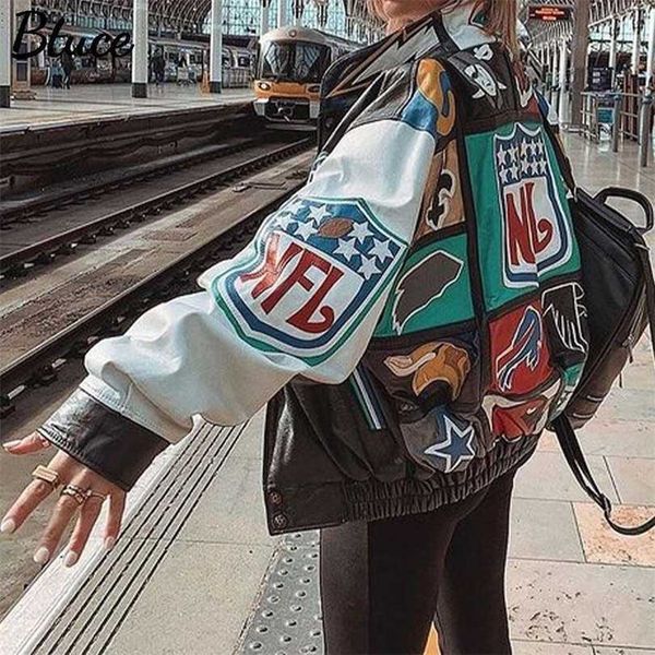 

spring and autumn women harajuku print baseball jacket fashion casual famale long sleeve turn down collar bomber 211014, Black;brown