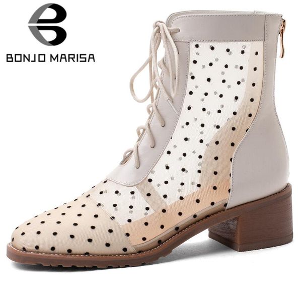 

boots bonjomarisa brand leisure female polka dot square heel lace up women round toe casual shoes woman, Black