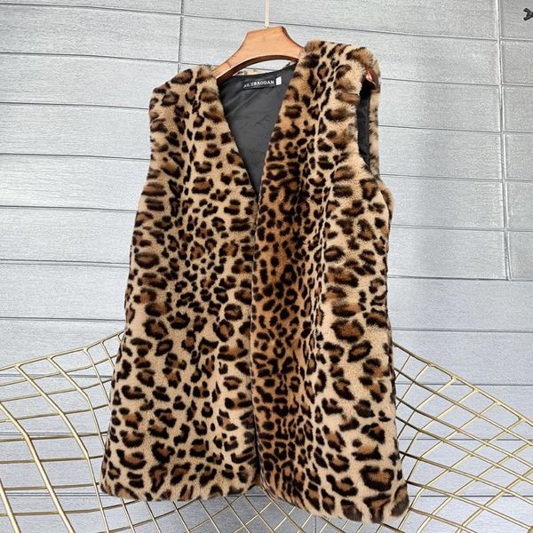 

women's fur & faux 2021 autumn winter women fashion leopard print vest female v neck sleeveless long warm jacket coat, Black