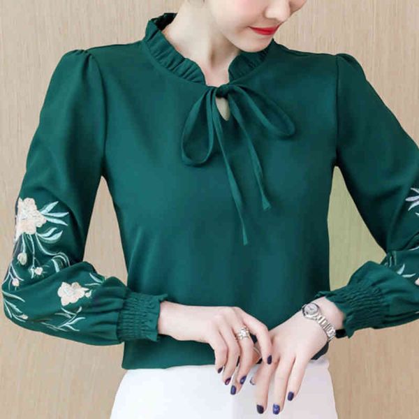 

womens and blouses long sleeve blouse women blusas mujer de moda floral embroidery chiffon blouse shirt clothes c707 210426, White