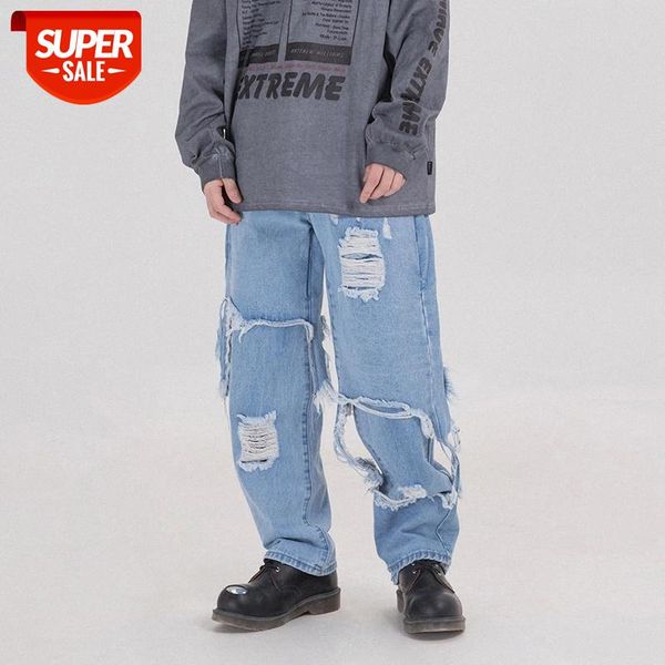 

irregular holes wide-leg ripped jeans men and women loose straight hip-hop denim trousers harajuku streetwear pants #l45l, Blue