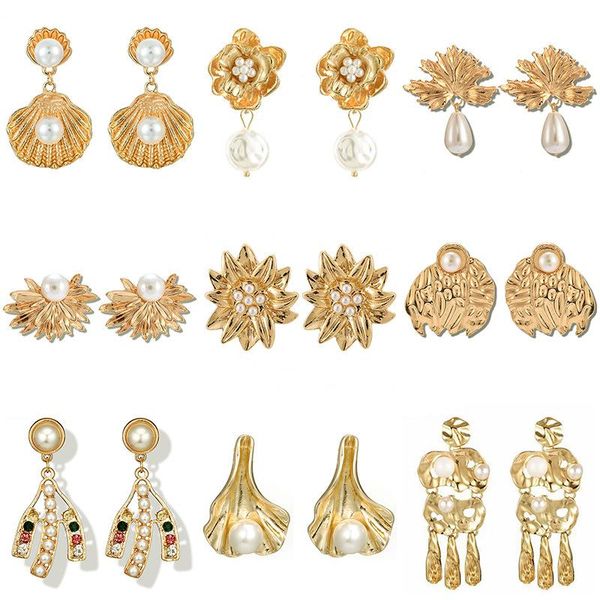 

stud gold tone pearl earring flower/shell/leaf shape women personality elegant metal studs jewelry, Golden;silver