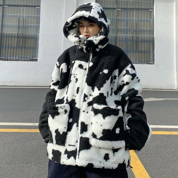 

men's down & parkas lacible hip hop warm parka jackets men women streetwear retro cow patchwork jacket coats winter harajuku hooded out, Black