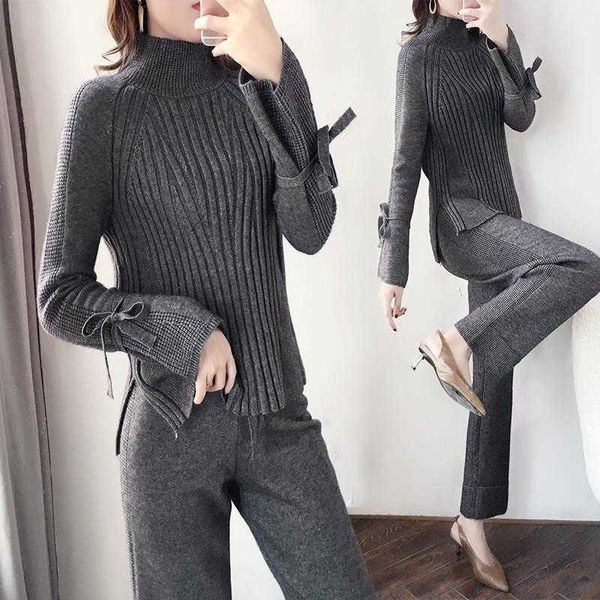 

women knitted tracksuit turtleneck sweater casual suit autumn winter 2 piece set knit pants sporting femme clothing 210601, White