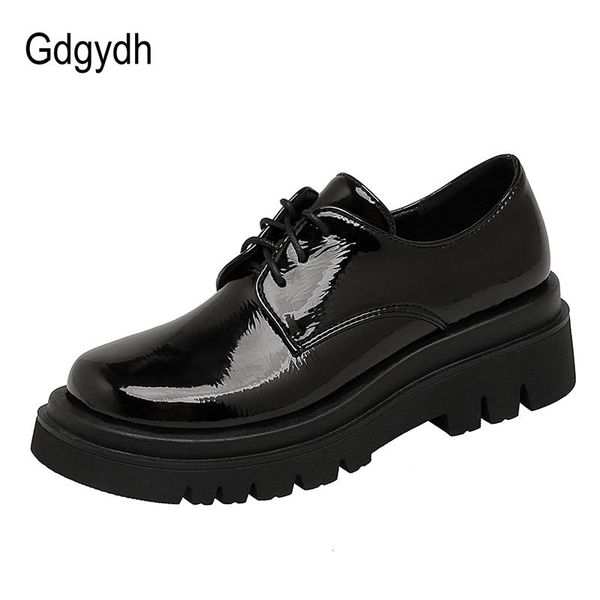 

dress shoes gdgydh plus size womens derby british style round toe 2021 spring women's clogs platform heels patent leather, Black