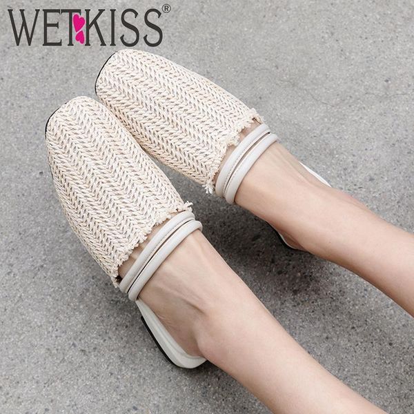 

slippers wetkiss weave women 2021 slides shoes square toe mules ladies low heels beach casual female summer, Black