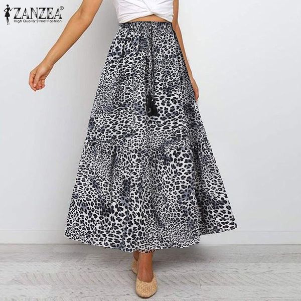 

skirts women leopard zanzea 2021 summer stylish maxi casual elastic waist bandage bottoms lady a-line skirt plus size 5xl, Black