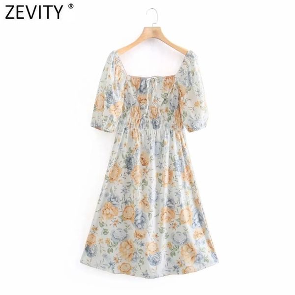 

women vintage square collar pleats puff sleeve floral print dress female chic elastic waist casual slim vestido ds8234 210420, Black;gray
