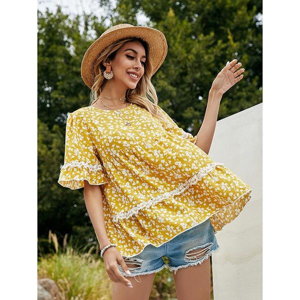 

women's blouses & shirts elegant women shirt floral printing casual fashion o-neck short-sleeved blouse ruffles lace splicing summer lo, White