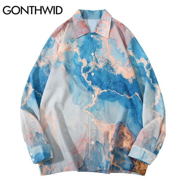 GONTHWID Tie Dye Painting Print Strand Hawaiian Shirts Langarm Button Shirt Hip Hop Harajuku Casual Urlaub Party Bluse Tops 210629