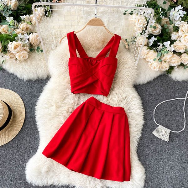 

singreiny women summer korean fashion suits off shoulder strap short +high waist pleated mini skirts two piece set 210419, Black;gray