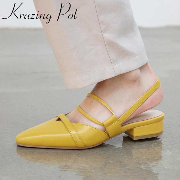 

dress shoes krazing pot limited full grain leather small square toe med heels slingback women back straps fashion summer sandals l92, Black
