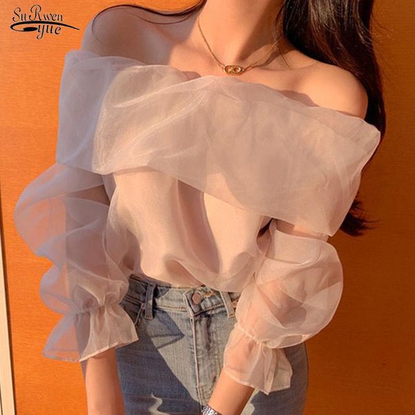 

women's blouses & shirts vaguely romantic off-shoulder ladies blouse net gauze solid long-sleeved women fairy comfort woman shirt blusa, White