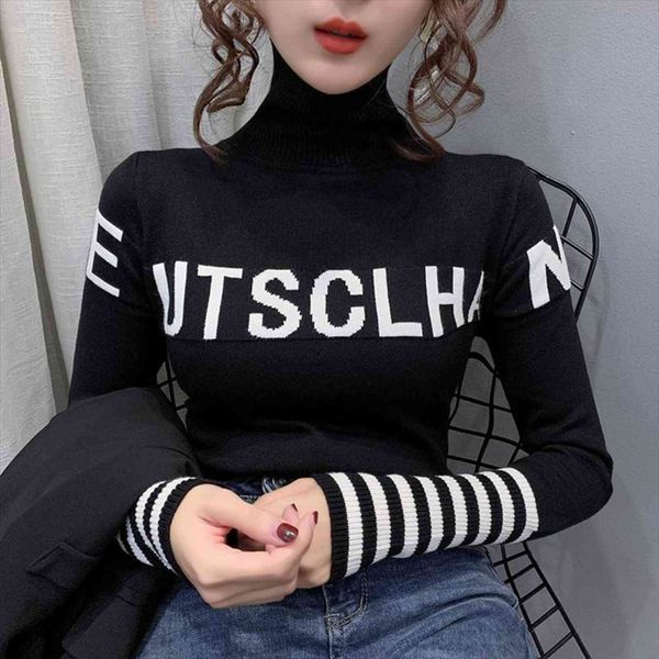 

6601 black white blue orange women sweater turtleneck pullovers letters slim harajuku casual spring autumn, White;black