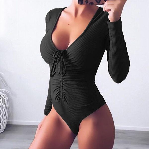 

women's jumpsuits & rompers slim black bodysuit autumn winter womens long sleeve v neck drawstring ruched skinny bodysuits, Black;white