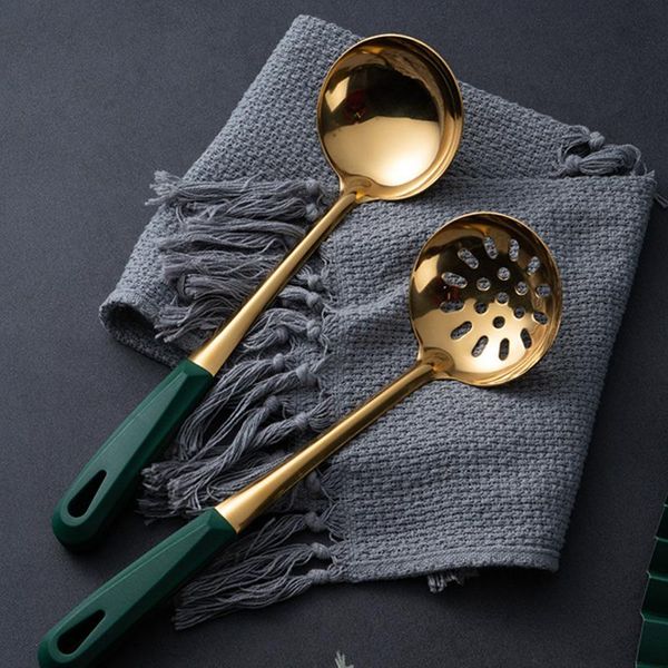 

spoons stainless steel soup spoon long handle drain colander gold pot meal dinner scoop kitchen cooking tools tableware home ladle