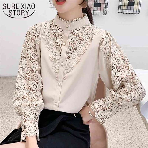 Primavera Stand Gola Blusa Mulheres Crochet Hollow Lace Retalhamento Camisa Moda Longa Lanterna Botão Top Blusa 13324 210415