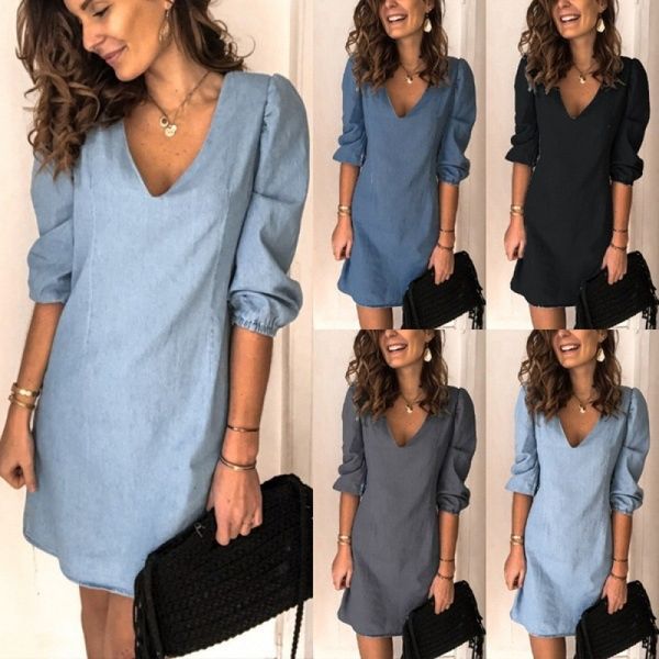 

spring/summer 2021 new solid-color v-neck short sleeve casual loose linen dress women's wear, Black;gray