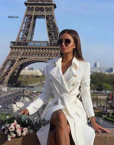 

women vintage double breasted white trench coat for sashes slim long female winter office solid dress women's coats, Tan;black