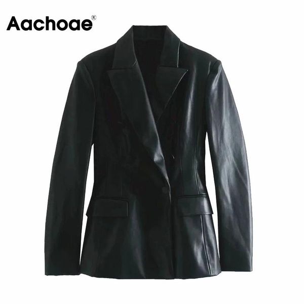 

aachoae notched neck black blazer women faux leather elegant jacket double breasted vintage coat female solid lady outerwear women's su, White;black