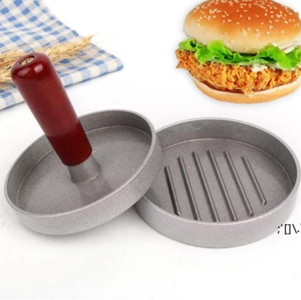Lega di alluminio Forma rotonda Hamburger Press Utensile da cucina Manico in legno Antiaderente Burger Maker Stampo per hamburger Carne di manzo LLA10869