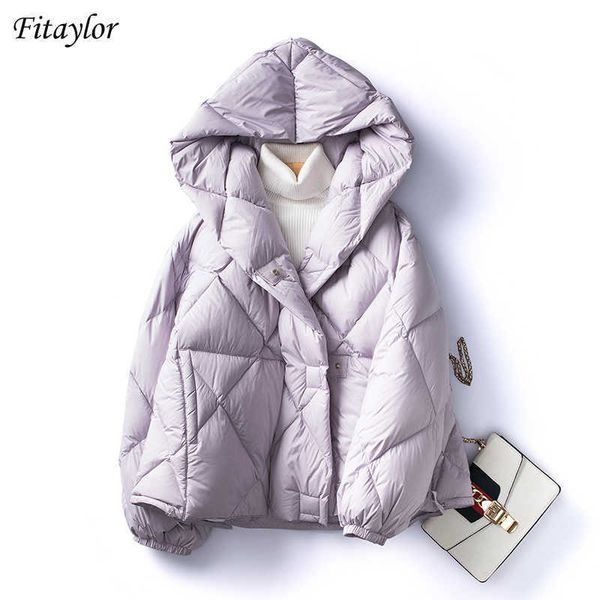 

fitaylor winter hooded short light feather jacket women 90% white duck down coat loose snow warm fluffy outwear 211015, Black