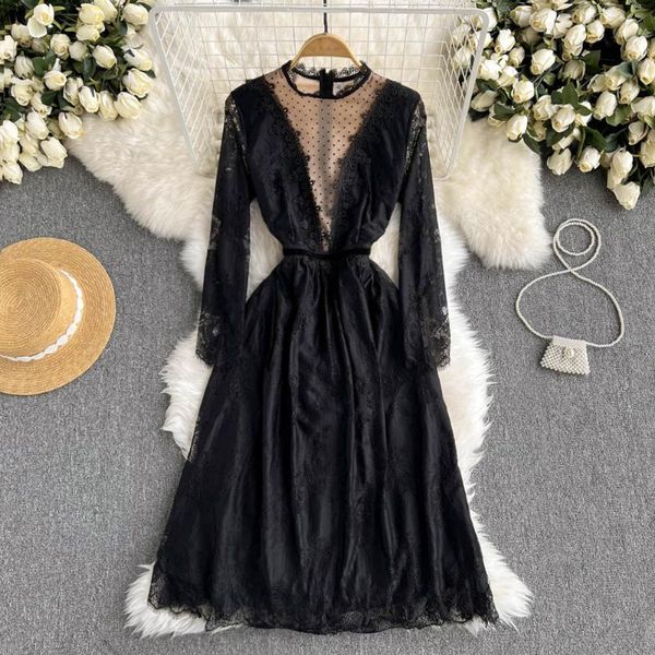 

casual dresses c165 women fashion elegant retro lace a-line black dress autumn and winter slim long sleeve vestidos, Black;gray