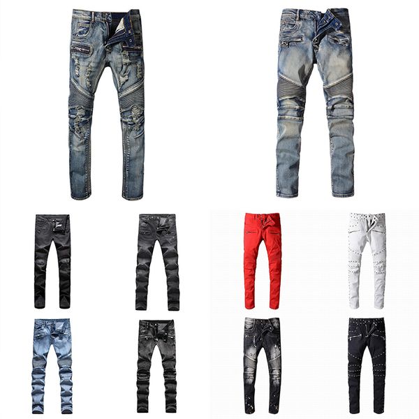 

designers mens jeans distressed ripped locomotive slim jeans fashion black pants reverse men pant, Blue