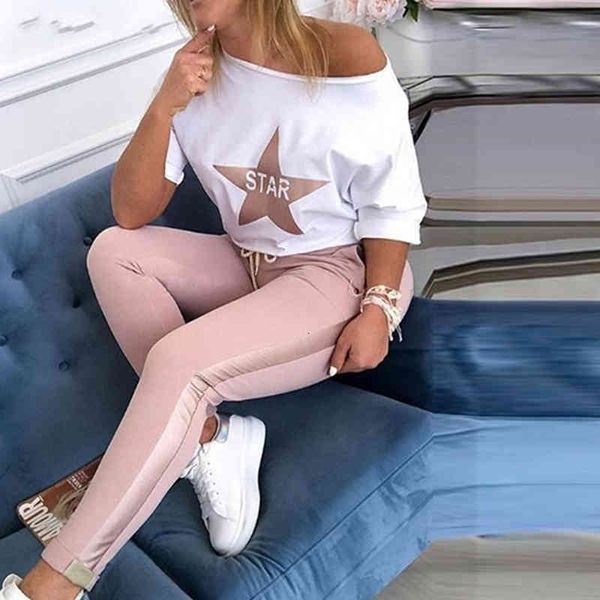 

women two pieces 2021 matching sets star print top, White