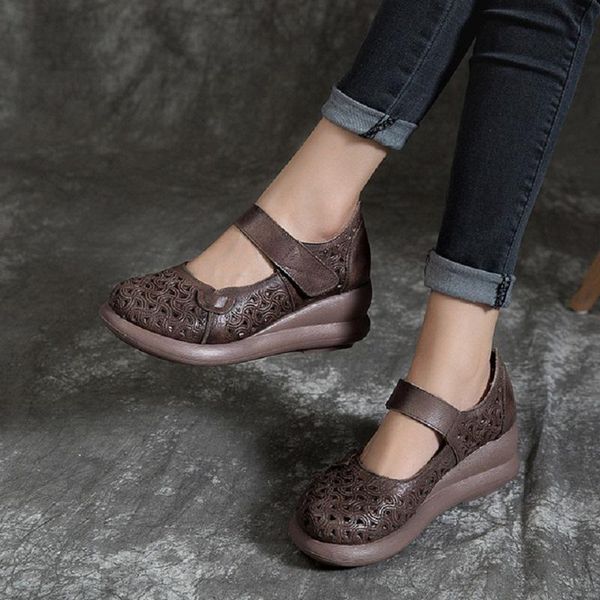 

summer retro genuine leather embossing hollow out shallow women sandals cover heel ankle-wrap wedges lady shoes 190514, Black