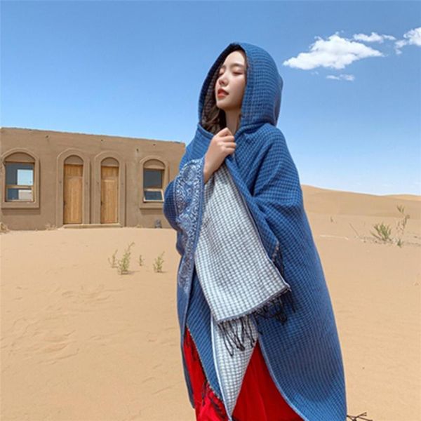 

scarves 2021 travel pashmina 150cm*130cm po cape big shawl women wear hooded scarf keep warm national style, Blue;gray