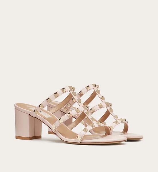

valentinoluxury rockstud lady sandals slippers calfskin leather strapy high heels women's summer casual slide sandalias party qjy, Black